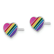Sterling Silver RH-plated Rainbow Enamel Heart Children's Post Earrings