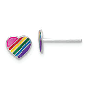 Sterling Silver RH-plated Rainbow Enamel Heart Children's Post Earrings