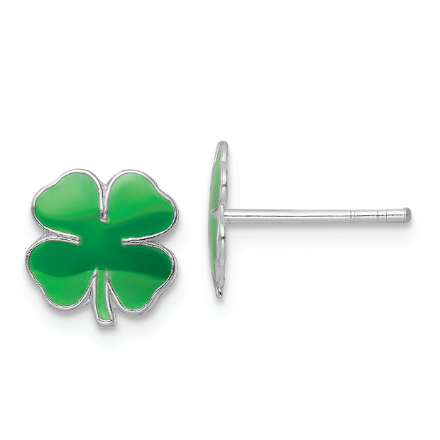 Sterling Silver RH-plated Enamel 4 Leaf Clover Children's Post Earrings