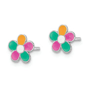 Sterling Silver RH-plated Enameled Flower Children's Post Earrings