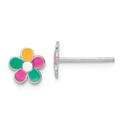 Sterling Silver RH-plated Enameled Flower Children's Post Earrings