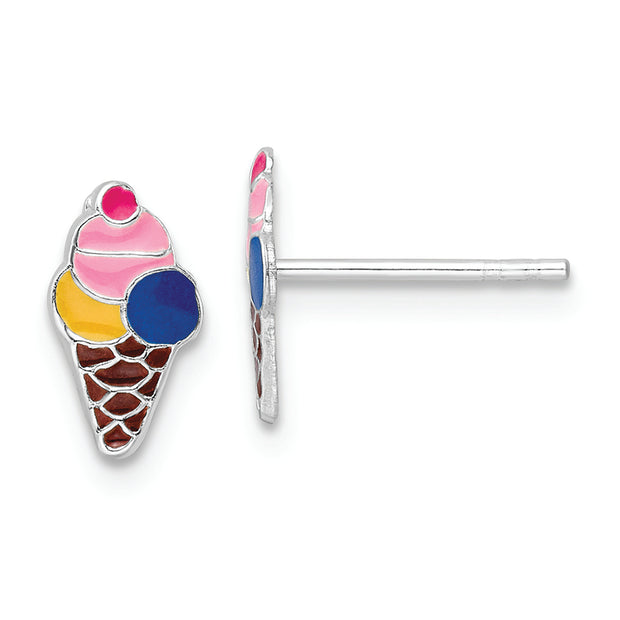 Sterling Silver RH-plated Enamel Kids Ice Cream Cone Post Earrings