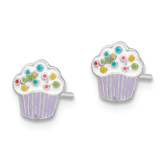 Sterling Silver RH-plated Enamel Cupcake Children's Post Earrings