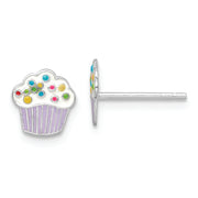 Sterling Silver RH-plated Enamel Cupcake Children's Post Earrings