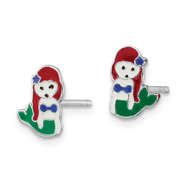 Sterling Silver RH-plated Enamel Mermaid Children's Post Earrings