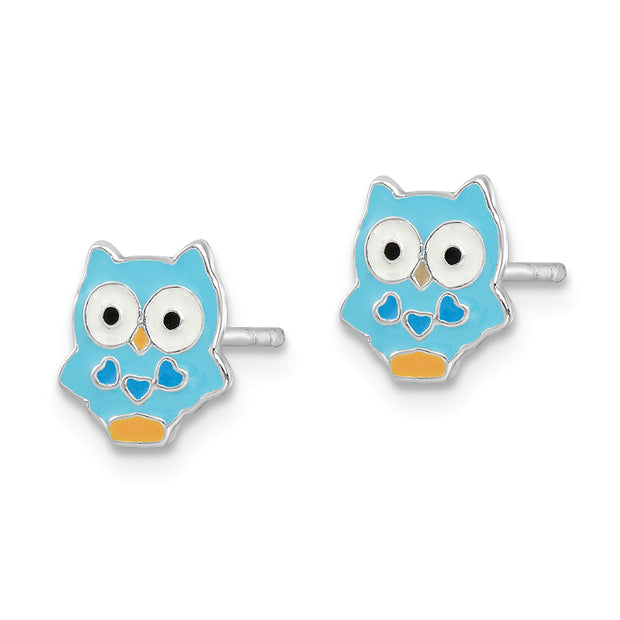 Sterling Silver RH-plated Enameled Blue Owl Children's Post Earrings