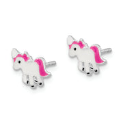 Sterling Silver RH-plated Polished Enameled Unicorn Post Earrings