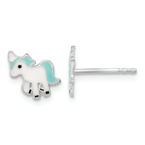 Sterling Silver Rhodium-plated Polished Enameled Unicorn Post Earrings