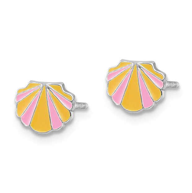 Sterling Silver RH-plated Pink/Orange Enamel Shell Children's Post Earrings