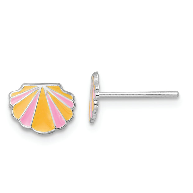 Sterling Silver RH-plated Pink/Orange Enamel Shell Children's Post Earrings