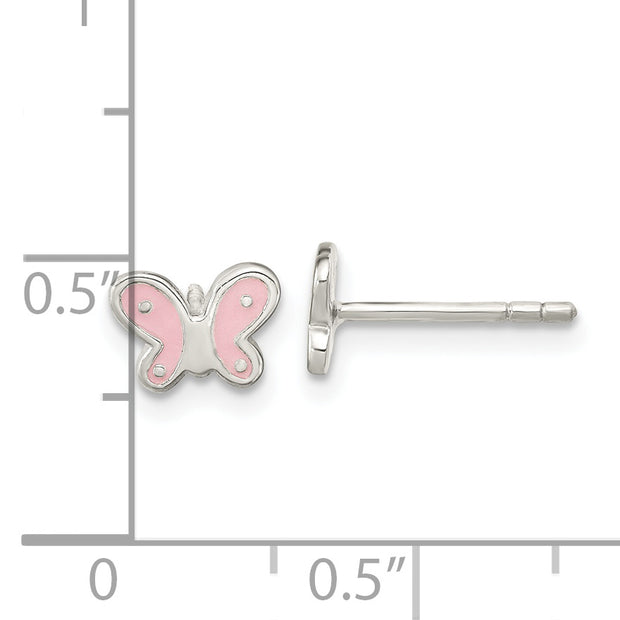 Sterling Silver RH-pltd Polish Pink Enamel Butterfly Childs Post Earrings