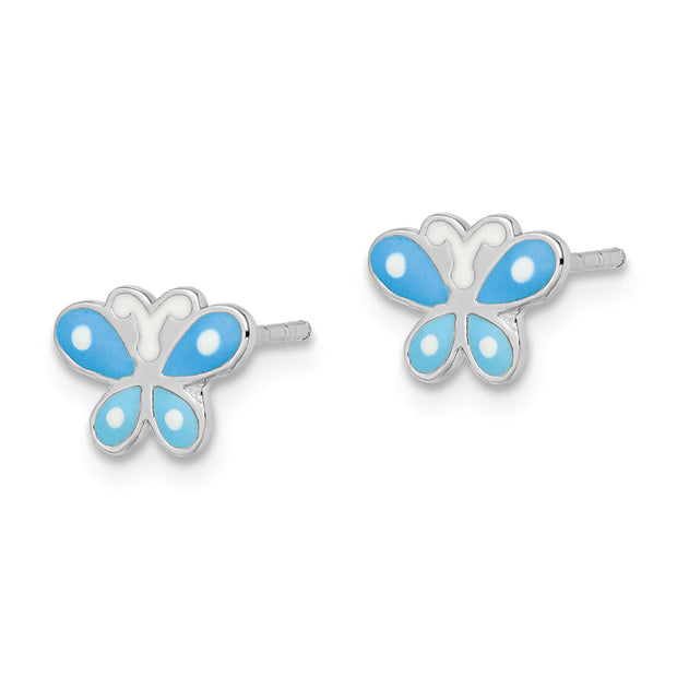 Sterling Silver RH-plated Blue Enameled Butterfly Children's Post Earrings