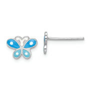 Sterling Silver RH-plated Blue Enameled Butterfly Children's Post Earrings
