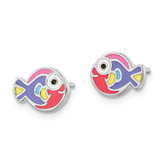 Sterling Silver RH-plated Multi-color Enameled Fish Post Earrings