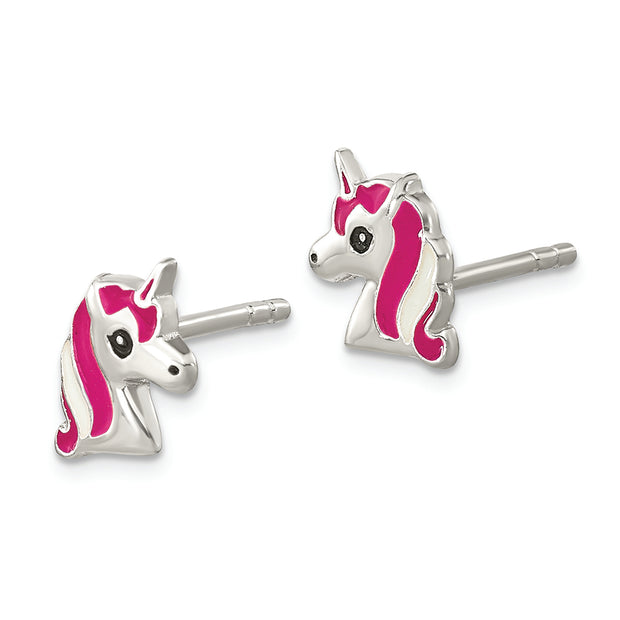 Sterling Silver Rhod-pltd Pink Enamel Unicorn Head Childs Post Earrings