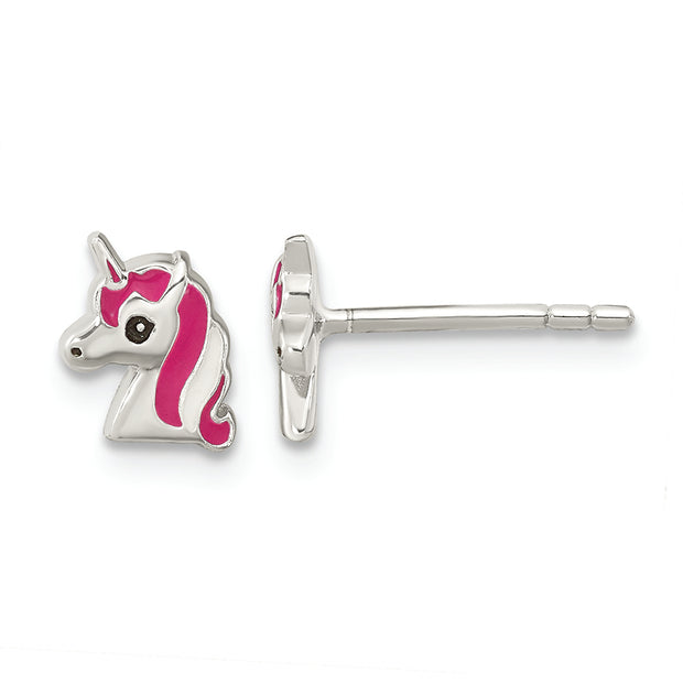 Sterling Silver Rhod-pltd Pink Enamel Unicorn Head Childs Post Earrings