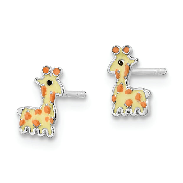 Sterling Silver RH-plated Enameled Giraffe Children's Post Earrings