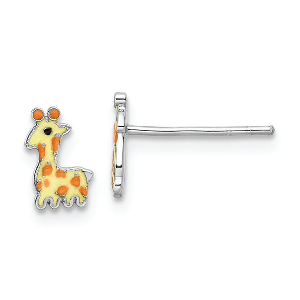 Sterling Silver RH-plated Enameled Giraffe Children's Post Earrings