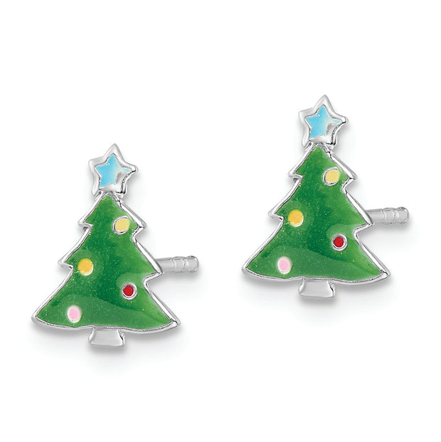 Sterling Silver RH-plated Enamel Kids Christmas Tree Post Earrings