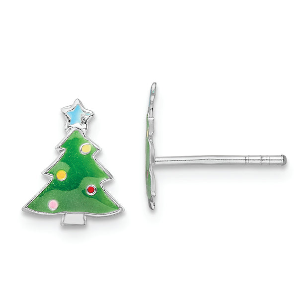 Sterling Silver RH-plated Enamel Kids Christmas Tree Post Earrings