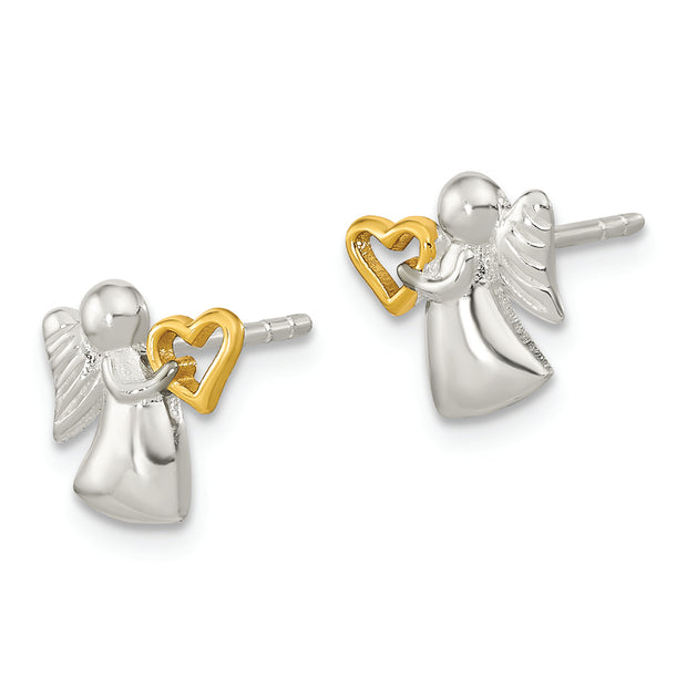 Sterling Silver Angel Gold Tone Heart Polished Post Earrings