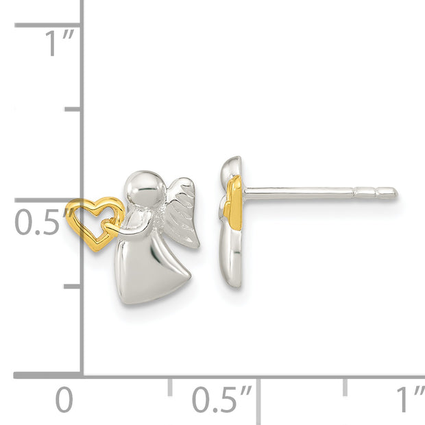 Sterling Silver Angel Gold Tone Heart Polished Post Earrings