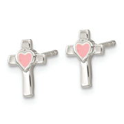 Sterling Silver Rhodium-plated Cross Pink Enamel Heart Post Earrings