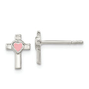 Sterling Silver Rhodium-plated Cross Pink Enamel Heart Post Earrings