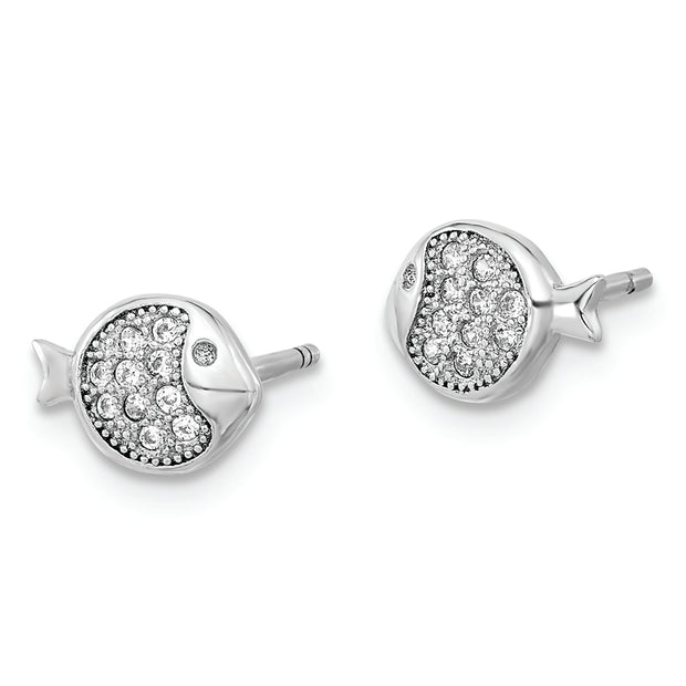 Sterling Silver Rhodium-plated CZ Fish Post Earrings