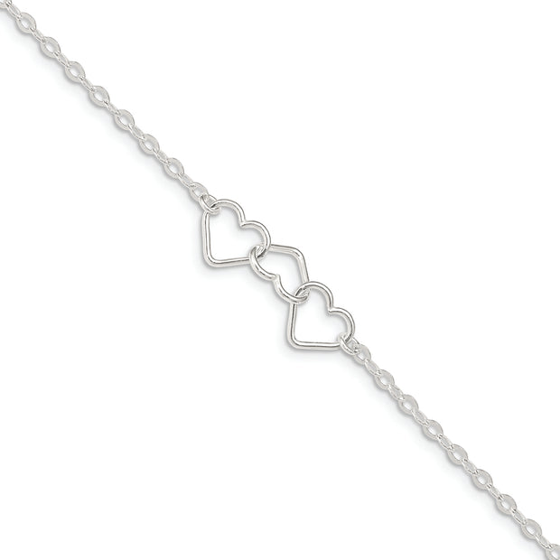 Sterling Silver 10inch Solid Polished Fancy Heart Link Anklet