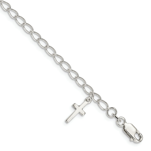 Sterling Silver Polished Latin Cross Charm with 1in Ext. Children's Bracele