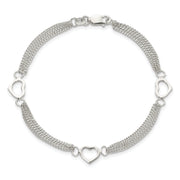 Sterling Silver Polished Multi-strand Heart 7in Bracelet