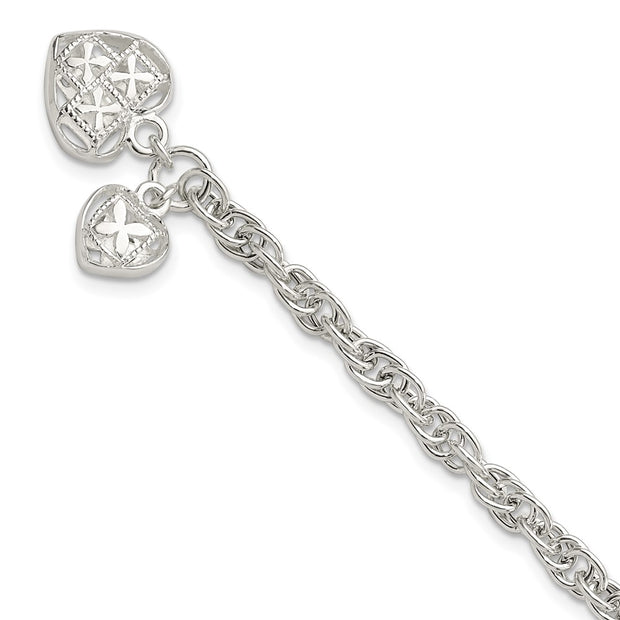 Sterling Silver Polished Dbl Heart Dangle Bracelet