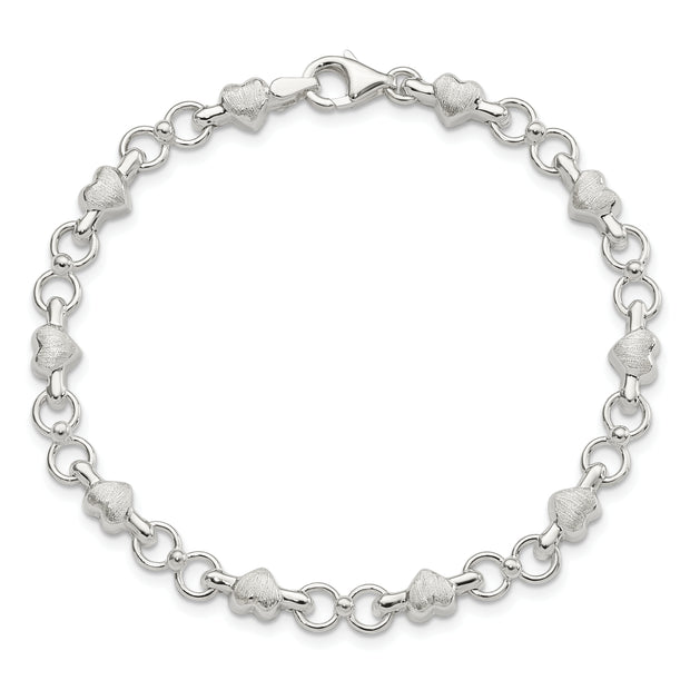 Sterling Silver Satin & Polished Heart Chain Bracelet