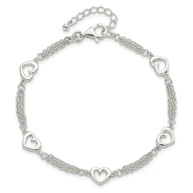 Sterling Silver Polished Hearts 7.5in w/1.0 in ext Bracelet