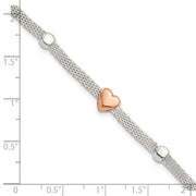 Sterling Silver Polished Rose-plated Heart Bracelet
