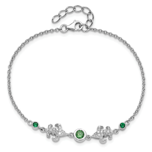 Sterling Silver RH-plated Green & White CZ Fleur de Lis w/1in ext. Bracelet