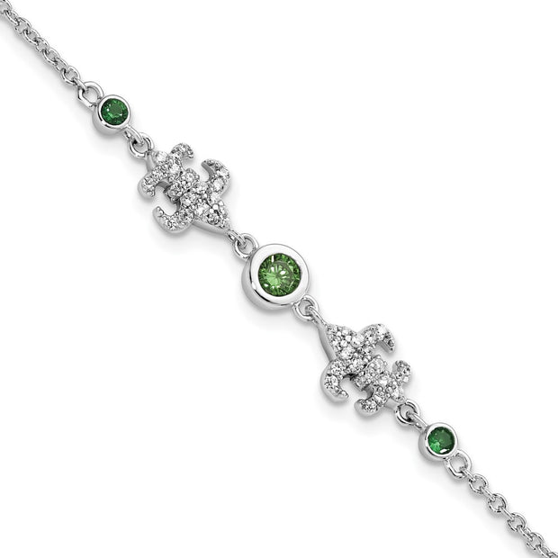 Sterling Silver RH-plated Green & White CZ Fleur de Lis w/1in ext. Bracelet