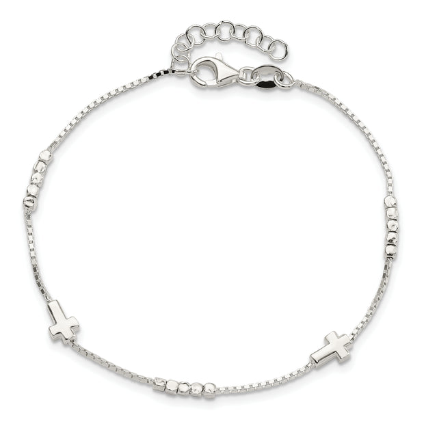 Sterling Silver Fancy Bead & Cross w/ 1in ext Bracelet