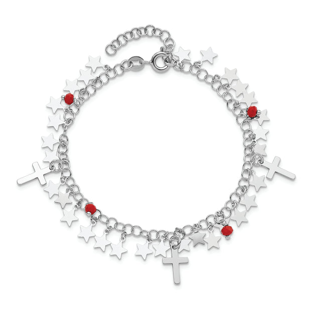 Sterling Silver Rhodium-plated Red Crystal Cross and Star w/ 1.25in ext. Br