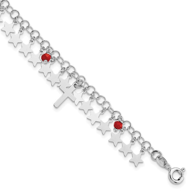 Sterling Silver Rhodium-plated Red Crystal Cross and Star w/ 1.25in ext. Br