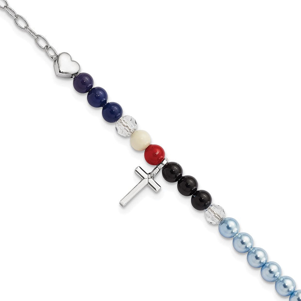 Sterling Silver RH-pltd Jesus Story Glass Prl Onyx Agate Cross 6in Bracelet
