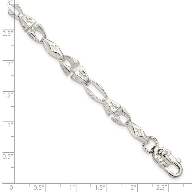 Sterling Silver Polished Cross w/Fleur de Lis Clasp Bracelet