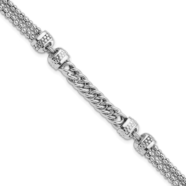 Sterling Silver Rhodium-plated Polished Fancy Beaded/Curb Bracelet