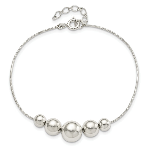 Sterling Silver Polished Tapered Round Bead w/1 in ext. Bracelet