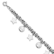 Sterling Silver Rhodium-plated Polished Coin and Star Charm w/ 1in ext. Bra