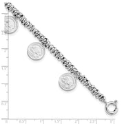 Sterling Silver Rhodium-plated Polished Coin Charm w/ 2in ext. Bracelet