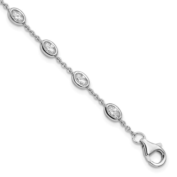 Sterling Silver Rhodium-plated Oval CZ w/1in ext 11 Station Bracelet