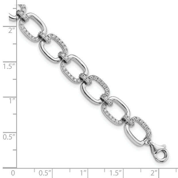 Sterling Silver Rhodium-plated Polished CZ Square Link 7.75 in Bracelet