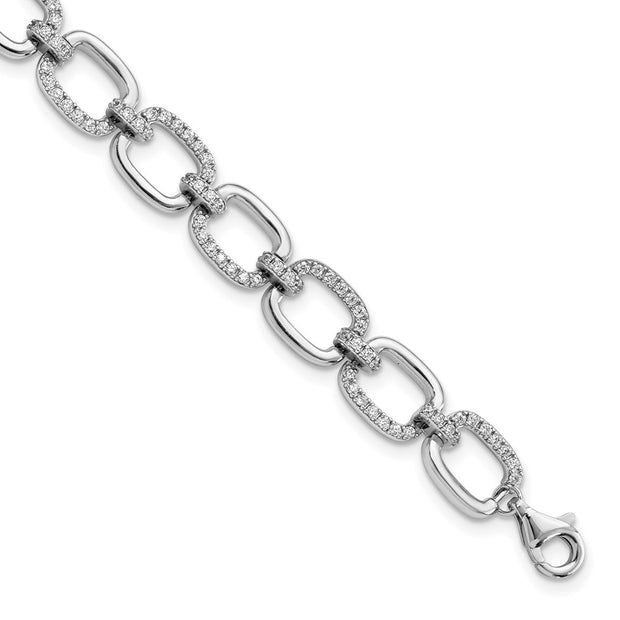 Sterling Silver Rhodium-plated Polished CZ Square Link 7.75 in Bracelet